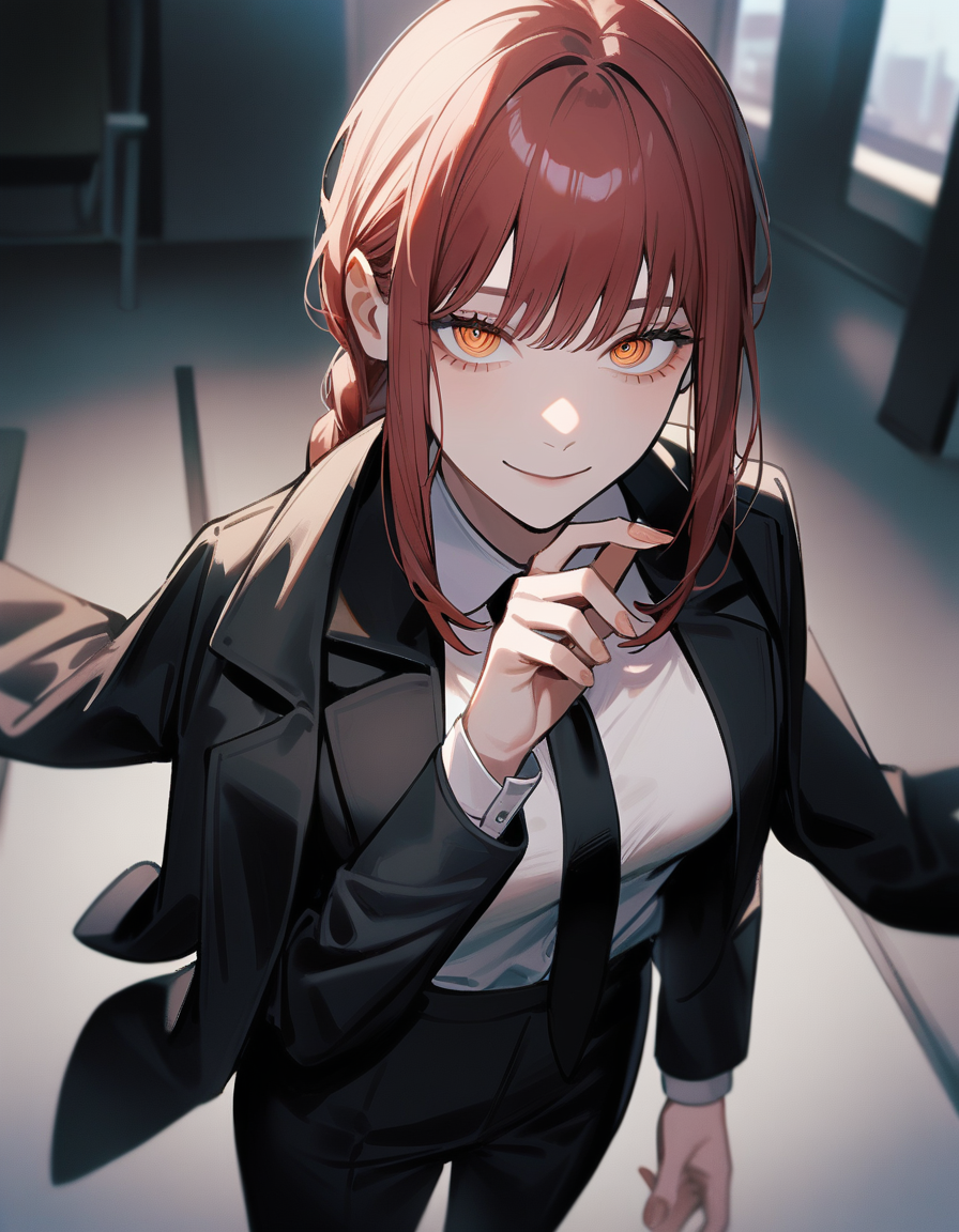 prompt:1girl, makima \(chainsaw man\), chainsaw man, black jacket, black necktie, black pants, braid, business suit, fingernails, formal, hand on own chin, jacket on shoulders, light smile, long sleeves, looking at viewer, looking up, medium breasts, office lady, smile, solo, suit, upper body, white shirt, outdoors